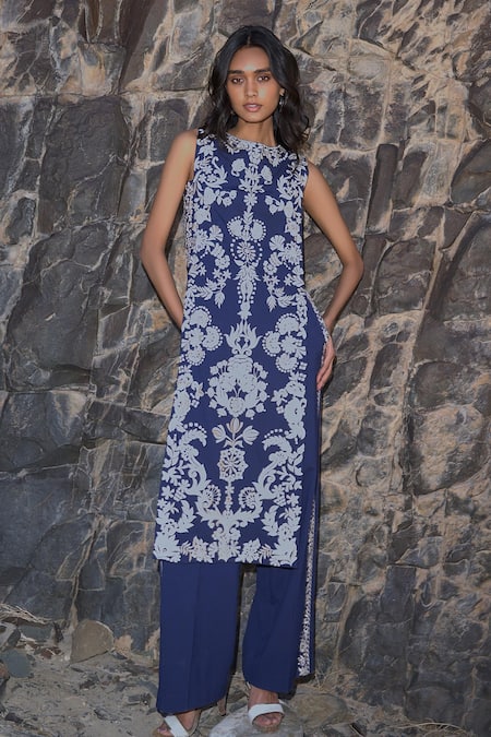 Buy Dash And Dot Navy Polyester Embroidery Round Neck Tabard Top And Pant Set Online at Aza Fashions Buy_Dash And Dot_Navy Polyester Embroidery Round Neck Tabard Top And Pant Set _Online_at_Aza_Fashions