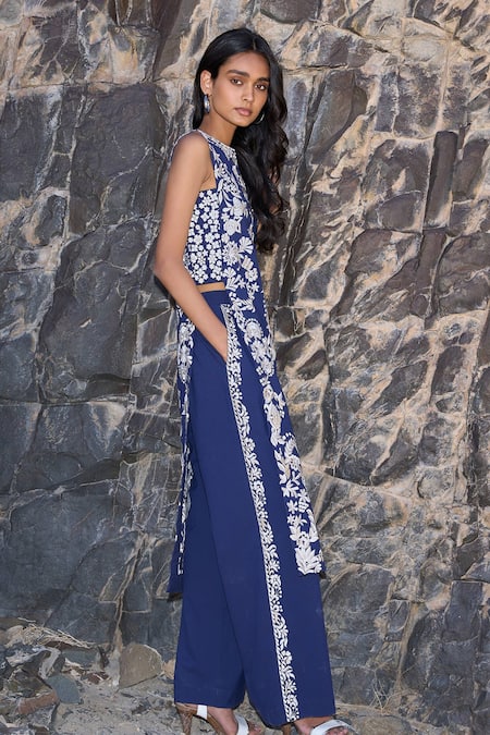 Shop Dash And Dot Navy Polyester Embroidery Round Neck Tabard Top And Pant Set Online at Aza Fashions Shop_Dash And Dot_Navy Polyester Embroidery Round Neck Tabard Top And Pant Set _Online_at_Aza_Fashions