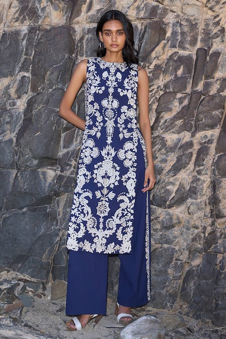 Dash And Dot Navy Polyester Embroidery Round Neck Tabard Top And Pant Set