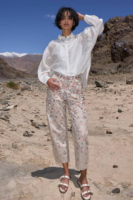 Dash And Dot White Cotton, Linen Embroidery Floral Pant Online at Aza Fashions Dash And Dot_White Cotton, Linen Embroidery Floral Pant _Online_at_Aza_Fashions