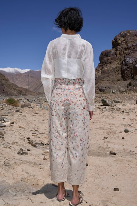 Shop Dash And Dot White Cotton, Linen Embroidery Floral Pant at Aza Fashions Shop_Dash And Dot_White Cotton, Linen Embroidery Floral Pant _at_Aza_Fashions