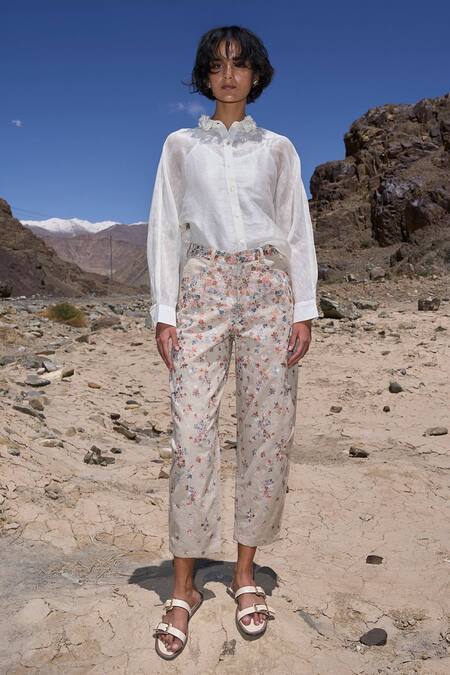 Buy Dash And Dot White Cotton, Linen Embroidery Floral Pant Online at Aza Fashions Buy_Dash And Dot_White Cotton, Linen Embroidery Floral Pant _Online_at_Aza_Fashions