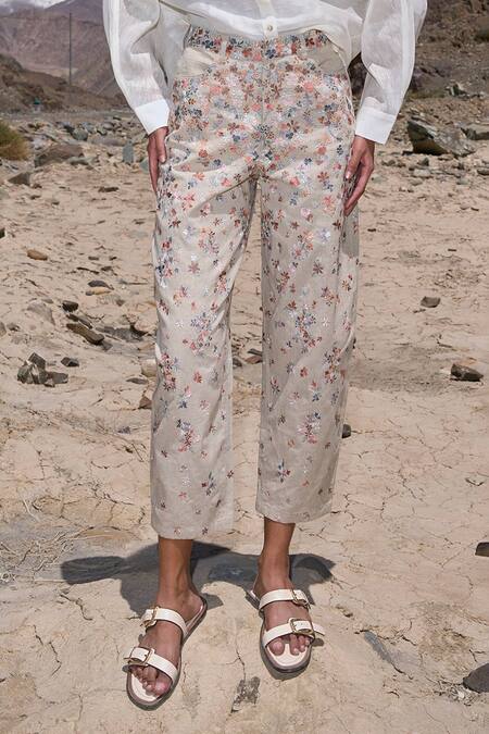 Shop Dash And Dot White Cotton, Linen Embroidery Floral Pant Online at Aza Fashions Shop_Dash And Dot_White Cotton, Linen Embroidery Floral Pant _Online_at_Aza_Fashions