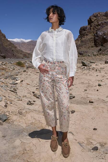 Dash And Dot White Cotton, Linen Embroidery Floral Pant at Aza Fashions Dash And Dot_White Cotton, Linen Embroidery Floral Pant _at_Aza_Fashions