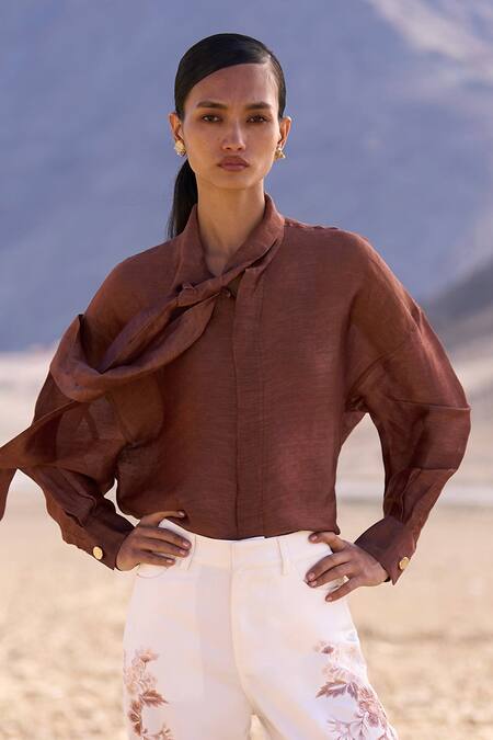 Dash And Dot Brown Linen, Silk Collared Silk-linen Tie-knot Shirt Online at Aza Fashions Dash And Dot_Brown Linen, Silk Collared Silk-linen Tie-knot Shirt _Online_at_Aza_Fashions