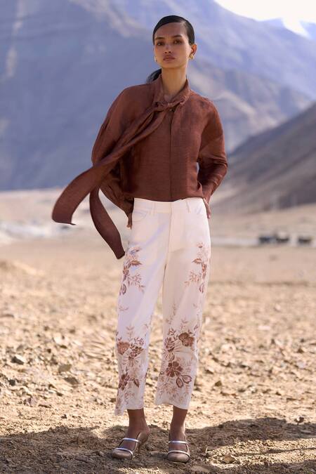 Shop Dash And Dot Brown Linen, Silk Collared Silk-linen Tie-knot Shirt Online at Aza Fashions Shop_Dash And Dot_Brown Linen, Silk Collared Silk-linen Tie-knot Shirt _Online_at_Aza_Fashions