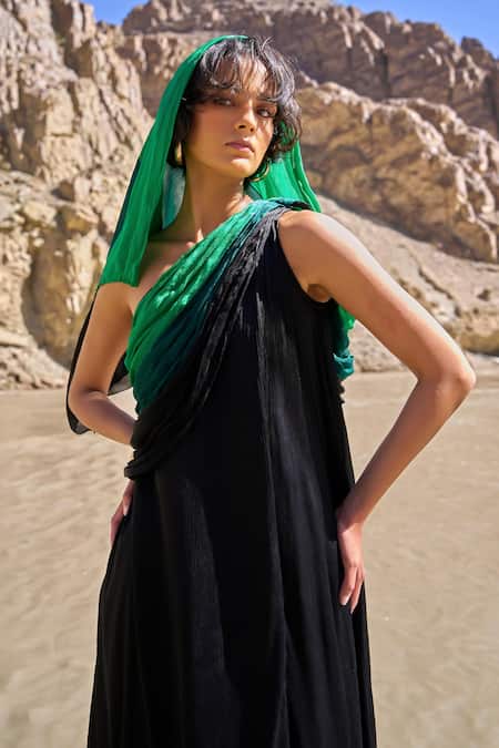 Dash And Dot_Black Viscose Asymmetric Ombre Draped Sari Gown _Online_at_Aza_Fashions