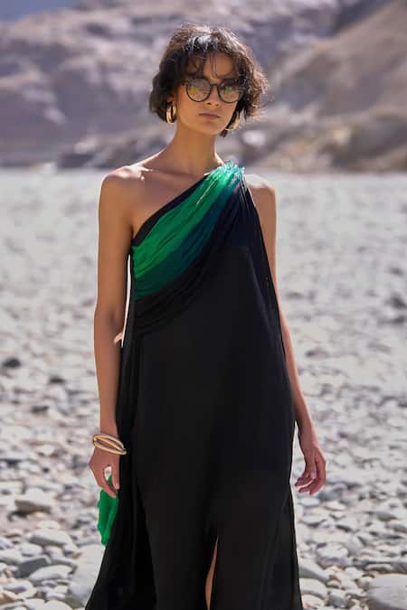 Buy_Dash And Dot_Black Viscose Asymmetric Ombre Draped Sari Gown _Online_at_Aza_Fashions