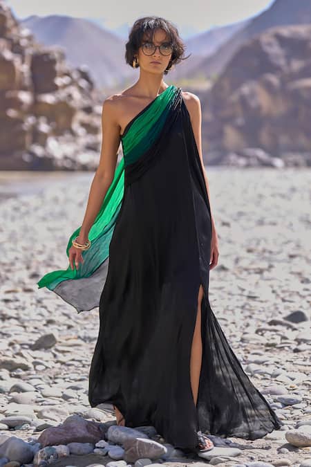 Shop_Dash And Dot_Black Viscose Asymmetric Ombre Draped Sari Gown _Online_at_Aza_Fashions