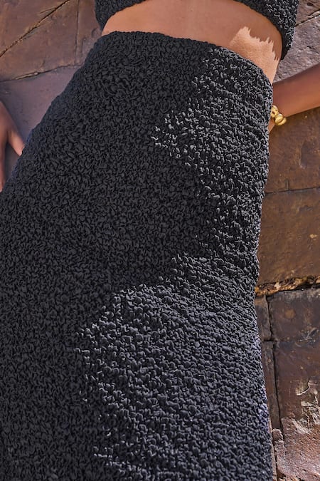 Shop Dash And Dot Black Polyester, Spandex Bandeau Neck Ruched Bodycon Skirt Set Online at Aza Fashions Shop_Dash And Dot_Black Polyester, Spandex Bandeau Neck Ruched Bodycon Skirt Set _Online_at_Aza_Fashions