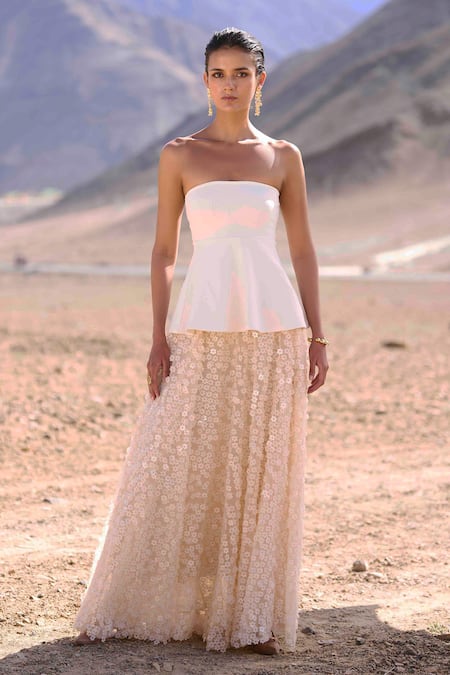 Shop Dash And Dot Ivory Viscose, Polyester Sequins Open Neck Peplum Top And Floral Skirt at Aza Fashions Shop_Dash And Dot_Ivory Viscose, Polyester Sequins Open Neck Peplum Top And Floral Skirt_at_Aza_Fashions