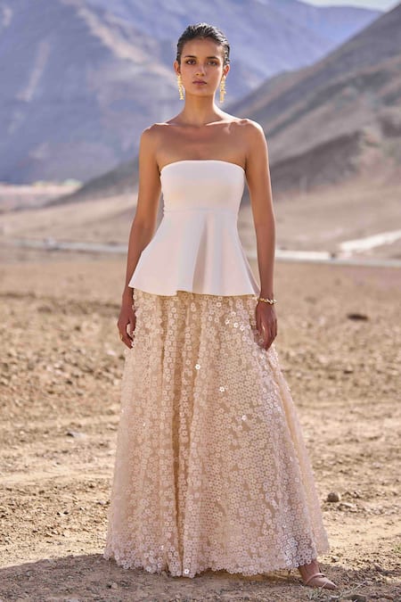Dash And Dot Ivory Viscose, Polyester Sequins Open Neck Peplum Top And Floral Skirt Online at Aza Fashions Dash And Dot_Ivory Viscose, Polyester Sequins Open Neck Peplum Top And Floral Skirt_Online_at_Aza_Fashions
