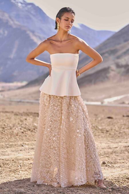 Buy Dash And Dot Ivory Viscose, Polyester Sequins Open Neck Peplum Top And Floral Skirt Online at Aza Fashions Buy_Dash And Dot_Ivory Viscose, Polyester Sequins Open Neck Peplum Top And Floral Skirt_Online_at_Aza_Fashions