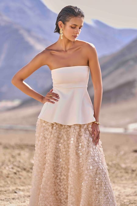 Buy Dash And Dot Ivory Viscose, Polyester Sequins Open Neck Peplum Top And Floral Skirt Buy_Dash And Dot_Ivory Viscose, Polyester Sequins Open Neck Peplum Top And Floral Skirt