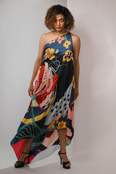 Rimi Nayak Multi Color Bemberg, Satin Sequins Abstract Floral Printed Hankerchief Dress