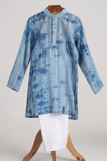 Minime Organics Blue Cotton Lurex Kurta And Pyjama Set 
