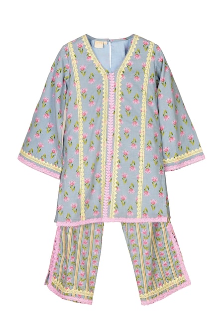 Minime Organics Light Blue Block Printed Kurta & Palazzo Set 