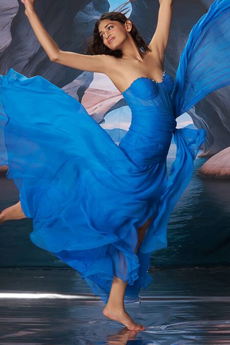 Amrta By Guneet Kondal_Blue Chiffon, Mesh Sweetheart Neck Dancing Through The Night Maxi Dress _at_Aza_Fashions