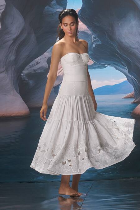 Buy_Amrta By Guneet Kondal_White Linen, Cotton, Voile Cut Work Off-shoulder Midi Dress _Online_at_Aza_Fashions