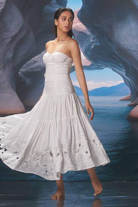 Shop_Amrta By Guneet Kondal_White Linen, Cotton, Voile Cut Work Off-shoulder Midi Dress _Online_at_Aza_Fashions