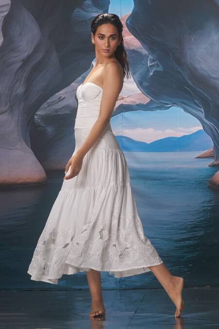 Amrta By Guneet Kondal_White Linen, Cotton, Voile Cut Work Off-shoulder Midi Dress _at_Aza_Fashions