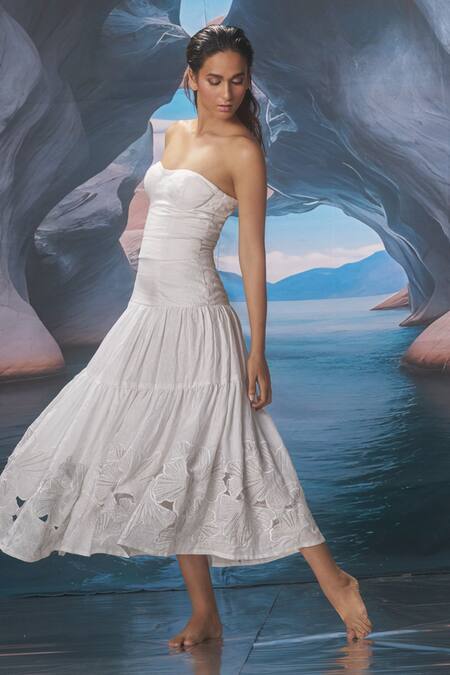 Buy_Amrta By Guneet Kondal_White Linen, Cotton, Voile Cut Work Off-shoulder Midi Dress 