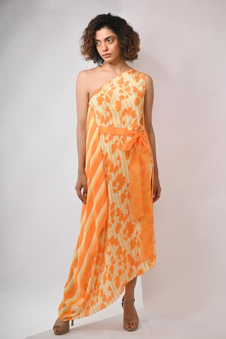 Rimi Nayak Orange Viscose, Crepe Pearls One Shoulder Bougainvillea Printed Dress