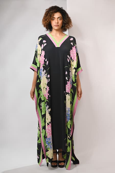 Rimi Nayak Black Viscose, Crepe Beads V-neck Floral Printed Kaftan With 