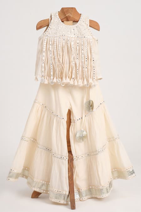 Minime Organics Cream Cotton Faux Diamonds, Tassels Mirror Embroidered Sharara Set 