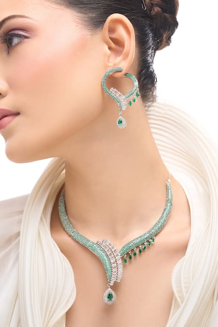 Buy_Nazaakat By Samara Singh_Green Brass American Diamond Jewelry Set 