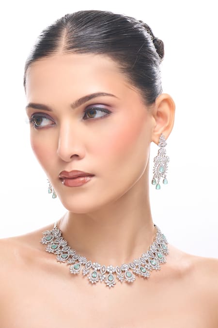 Buy_Nazaakat By Samara Singh_Aqua Brass Necklace And Earring Set 