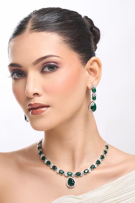 Nazaakat By Samara Singh Green Brass American Diamond Jewelry Set 