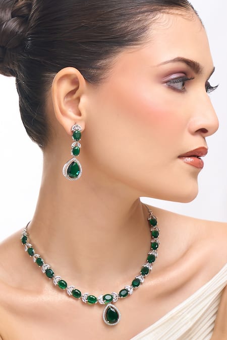 Buy_Nazaakat By Samara Singh_Green Brass American Diamond Jewelry Set 