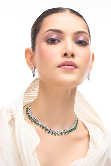 Nazaakat By Samara Singh Green Brass American Diamond Jewelry Set 