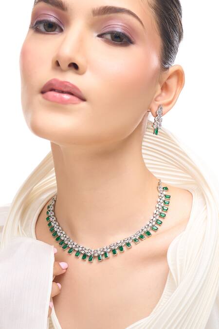 Nazaakat By Samara Singh Green Brass American Diamond Jewelry Set at Aza Fashions Nazaakat By Samara Singh_Green Brass American Diamond Jewelry Set _at_Aza_Fashions