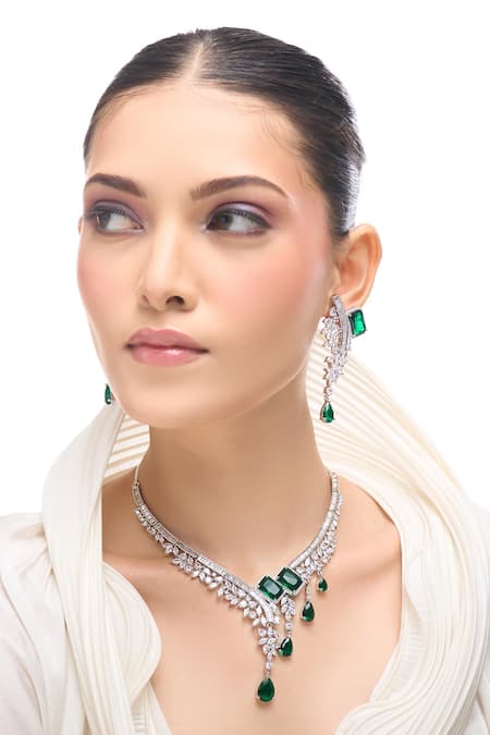 Nazaakat By Samara Singh Green Brass American Diamond Jewelry Set 