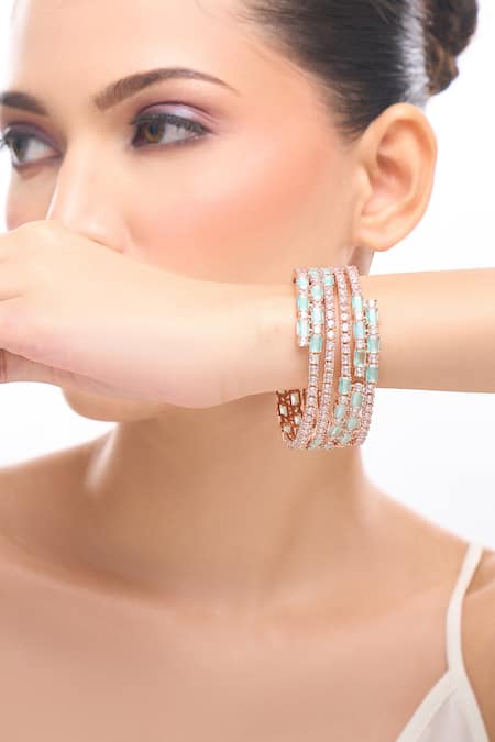 Nazaakat By Samara Singh Rose Gold Imitation Diamonds Aqua Bangles Set Of 4 