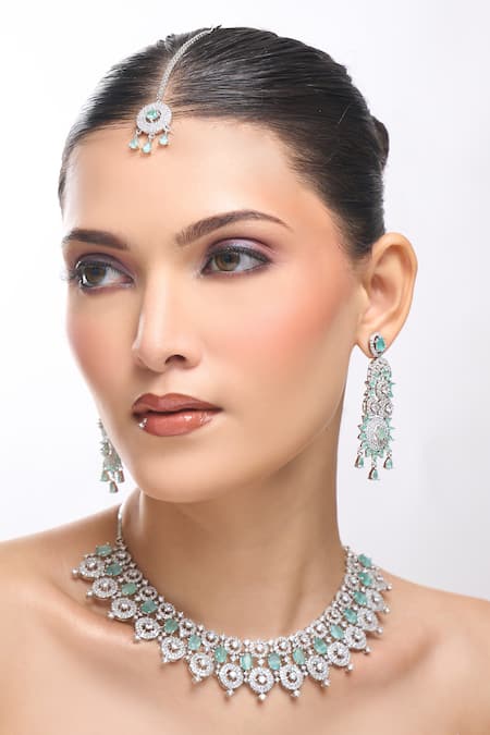 Nazaakat By Samara Singh_Aqua American Diamond Necklace Set _at_Aza_Fashions