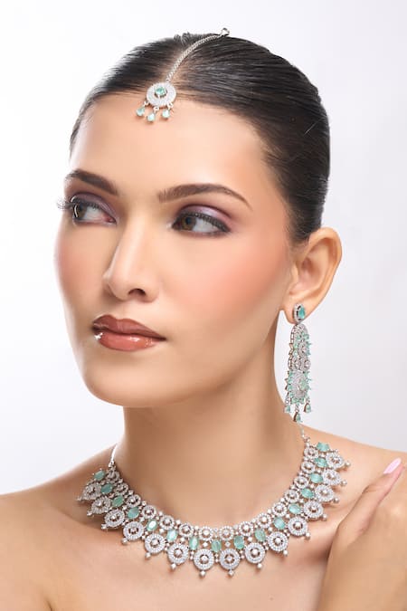 Nazaakat By Samara Singh Aqua American Diamond Necklace Set 