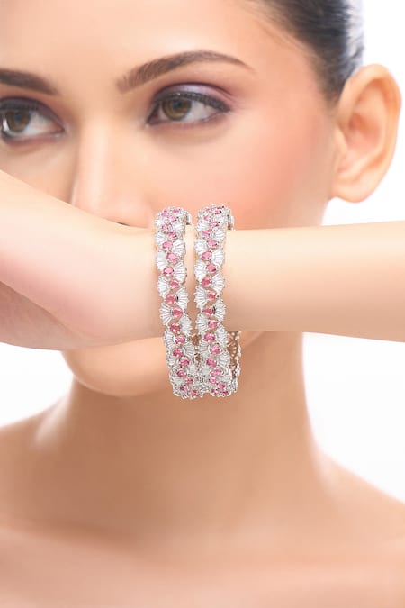 Nazaakat By Samara Singh_Silver Plated And Pink American Diamond Bangles _at_Aza_Fashions