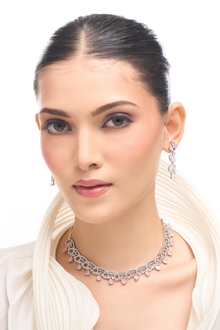Buy_Nazaakat By Samara Singh_Pink Stones American Diamond Necklace And Earrings Set _Online_at_Aza_Fashions