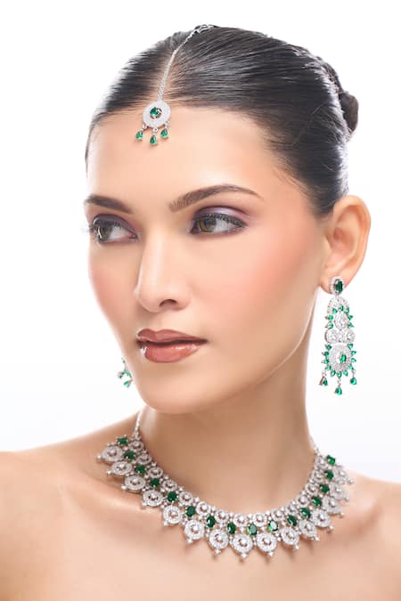 Samyukta Singhania Green Brass American Diamond Jewelry Set 