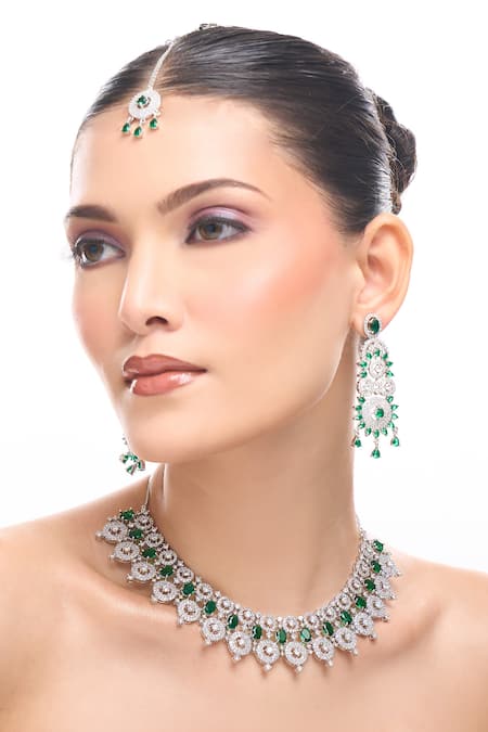 Shop_Nazaakat By Samara Singh_Green Imitation Diamonds Brass American Jewelry Set _Online_at_Aza_Fashions