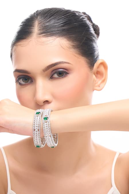 Nazaakat By Samara Singh Silver & Green American Diamond Bangles 