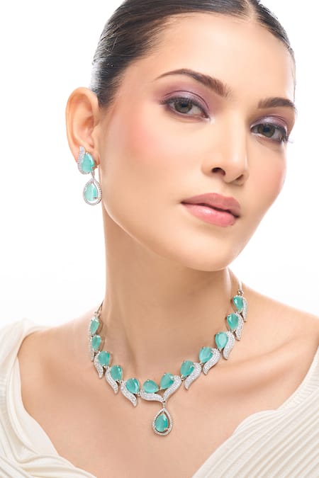 Nazaakat By Samara Singh Aqua Brass Necklace & Earring Set 