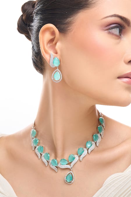 Buy_Nazaakat By Samara Singh_Aqua Brass Necklace And Earring Set 