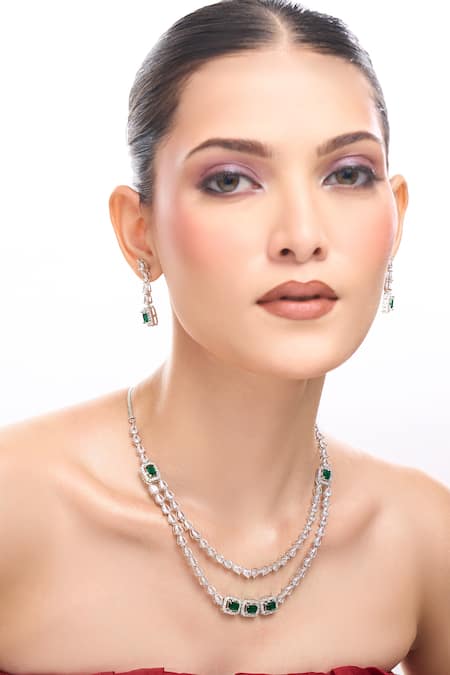 Nazaakat By Samara Singh Green Brass American Diamond Jewelry Set 