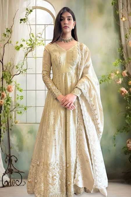 Label Lila Ivory Silk Embroidery V-neck Designer Anarkali Set 