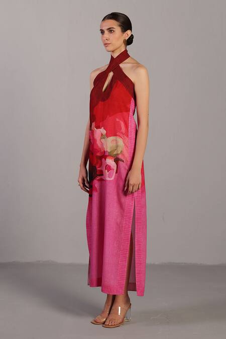Clos_Fuchsia Linen Halter Neck Floral Print Dress _Online_at_Aza_Fashions