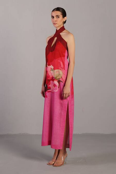 Buy_Clos_Fuchsia Linen Halter Neck Floral Print Dress _Online_at_Aza_Fashions